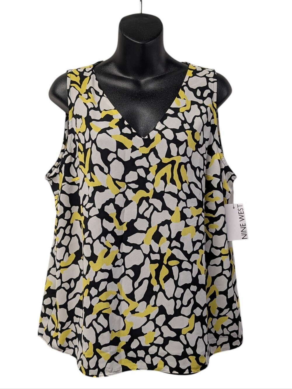 Nine West Size L Black Yellow Abstract Print Sleeveless V-Neck Blouse Top NWT